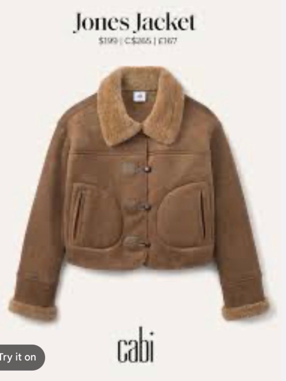 Cabi jones jacket toggle shearling
